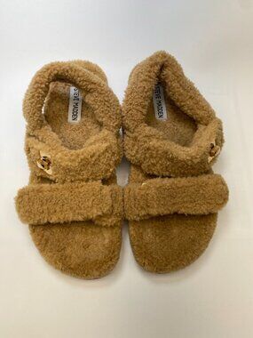 Steve Madden Womens Mona-S Faux Fur Double Strap Gold Tan Sandal Sz 9